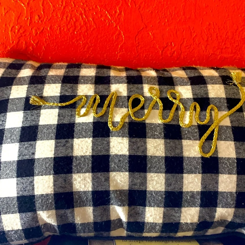 Merry Lumbar Black And White Buffalo Plaid Check Holiday Pillow Gold Embroidery
